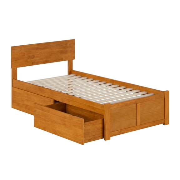 HomeStock City Sleek Twin Solid Wood Platform Bed with Footboard & Storage Drawers in Light Toffee