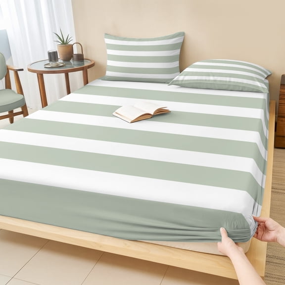 Cal.King Size Fitted Sheet Set - Sage Green Stripe 3 Piece Bedding Sets 16" Deep Pocket Fitted Sheet with 2 Pillowcases, Modern Simple Geometric White Striped Brushed Microfiber Hotel Bed Sheets