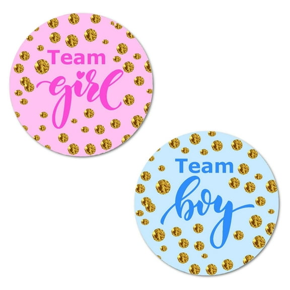 40 Team Girl Team Boy Golden Background Gender Reveal Stickers, 2 Inch Big Round Glossy Labels, Pink and Blue Stickers, Great for Gender Reveal Party Favors, Tags, Games And Supplies. Made in USA