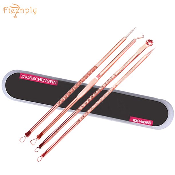 Juego de 4 agujas para acné FTEENPLY en color oro rosa - Elimina puntos negros y espinillas fácilmente sin dejar marcas, con diseño ergonómico antideslizante y estuche de almacenamiento incluido.