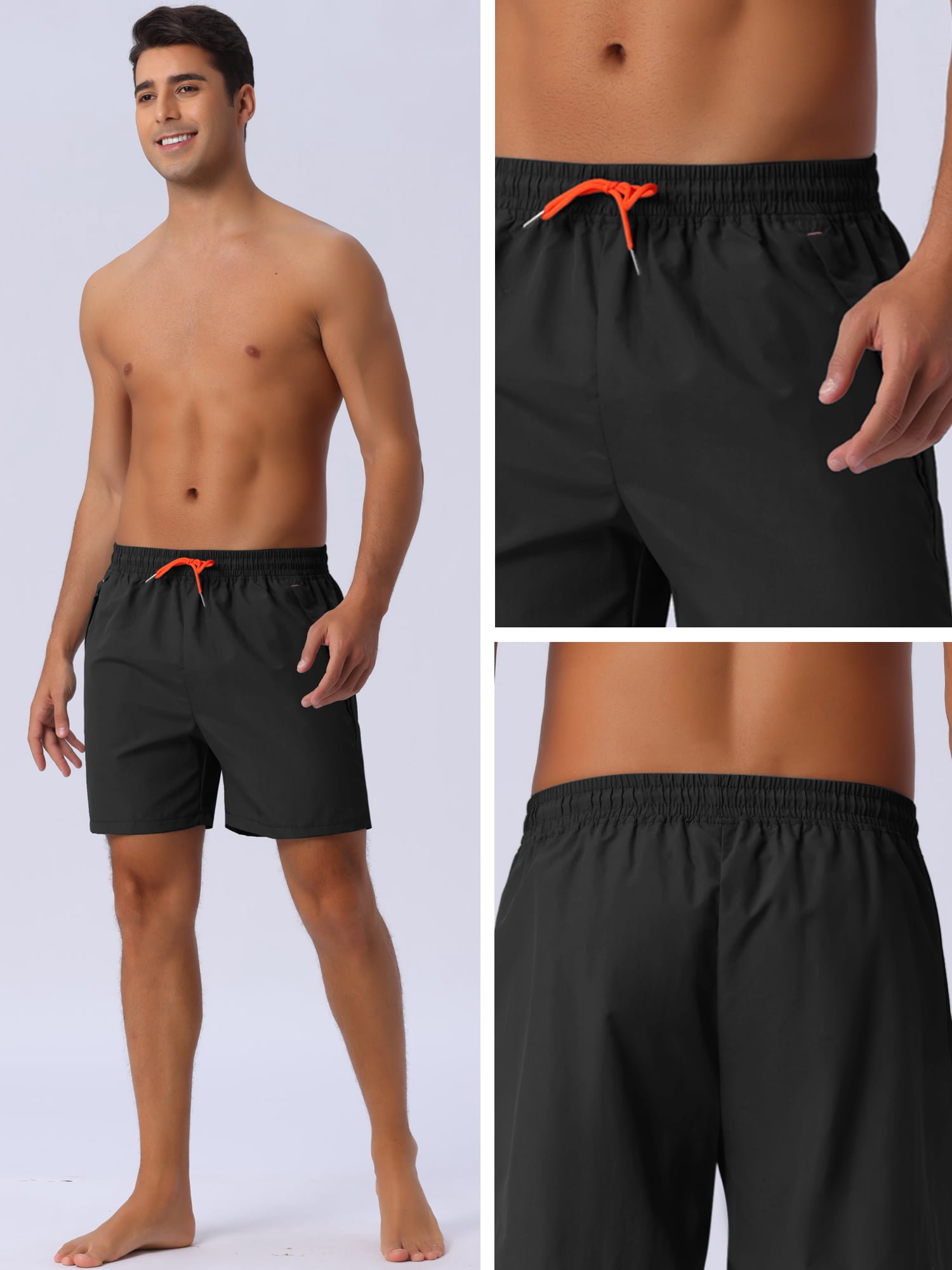 DARING DIVA Men's Elastic Waist Drawstring Mesh Lining Beach Shorts 36 Black