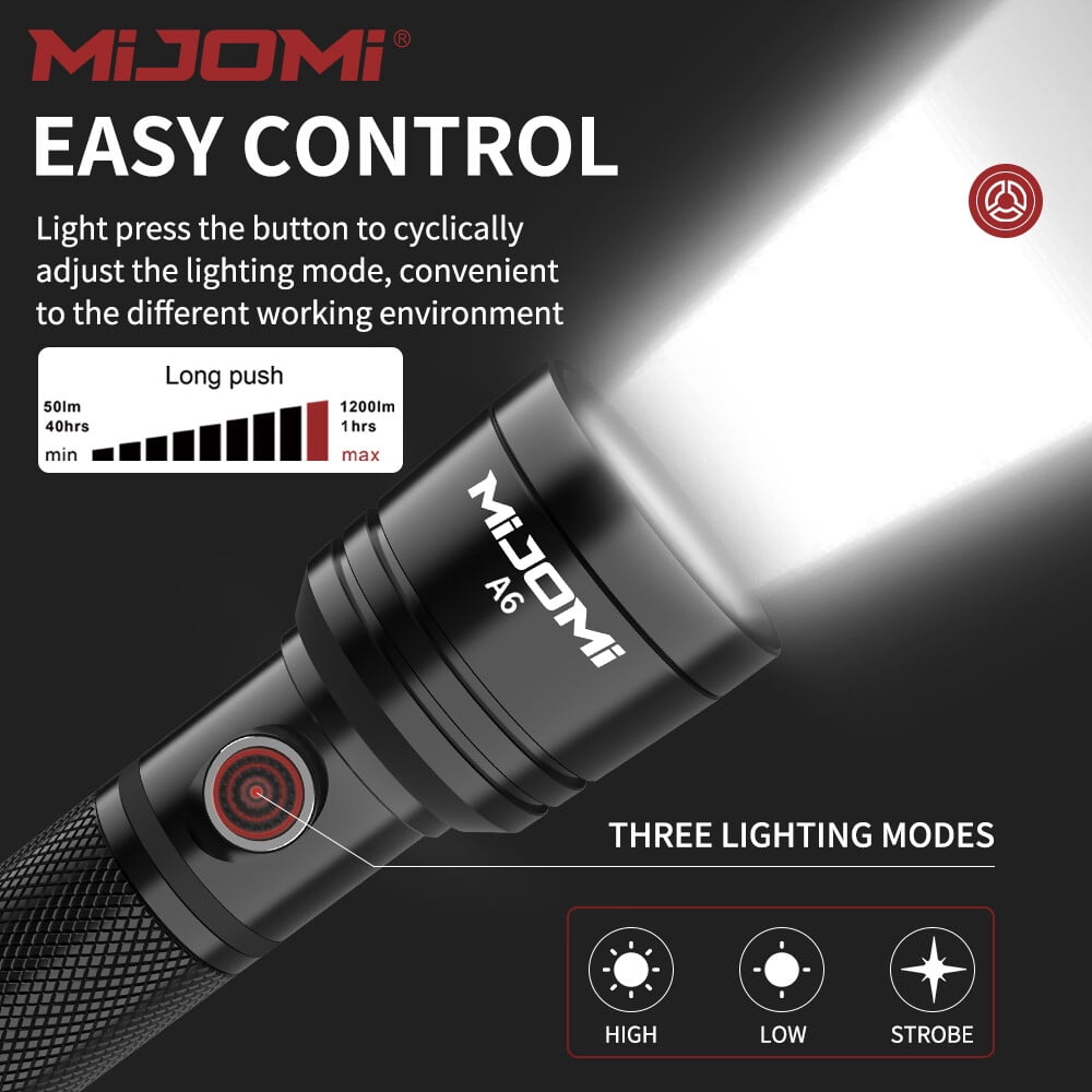 Mijomi Flashlight A6 1000 Lumens high Brightness 228m Beam Distance Samsung LED 18650 Rechargeable Flashlight for Industry use Easy Control 3 Lighting Modes Waterproof flashlight