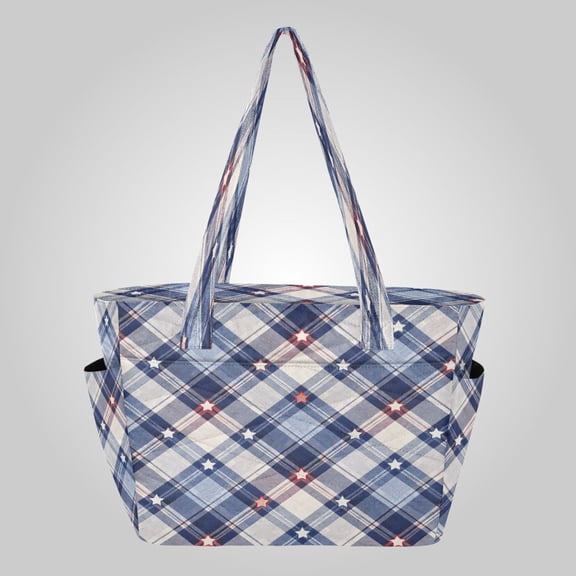 Quilted Tote Bag Large Capacity Multi-Compartment Handbag Lightweight Structured Shoulder Bag Versatile Casual Bag Blue Patriotic Star Plaid