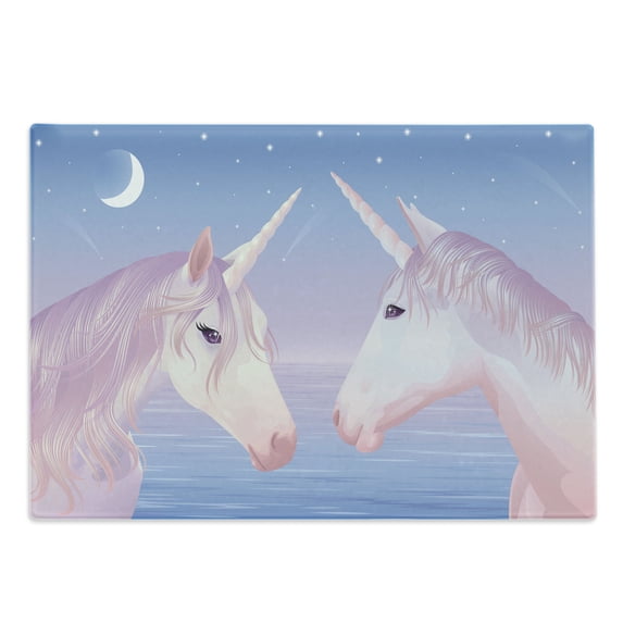 Horse Cutting Board, Akhal Teke Unicorns by the Sea Exchange Glances Under the New Moon and Stars, Decorative Tempered Glass Cutting and Serving Board, Large Size, Lilac and Blush, by Ambesonne