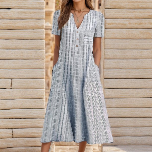 WILLBEST Vestidos de Verano 2025, Vestido Holgado de Manga Corta con Cuello En V y Estampado Degradado para Mujer, Vestido de Fiesta Extra Grande