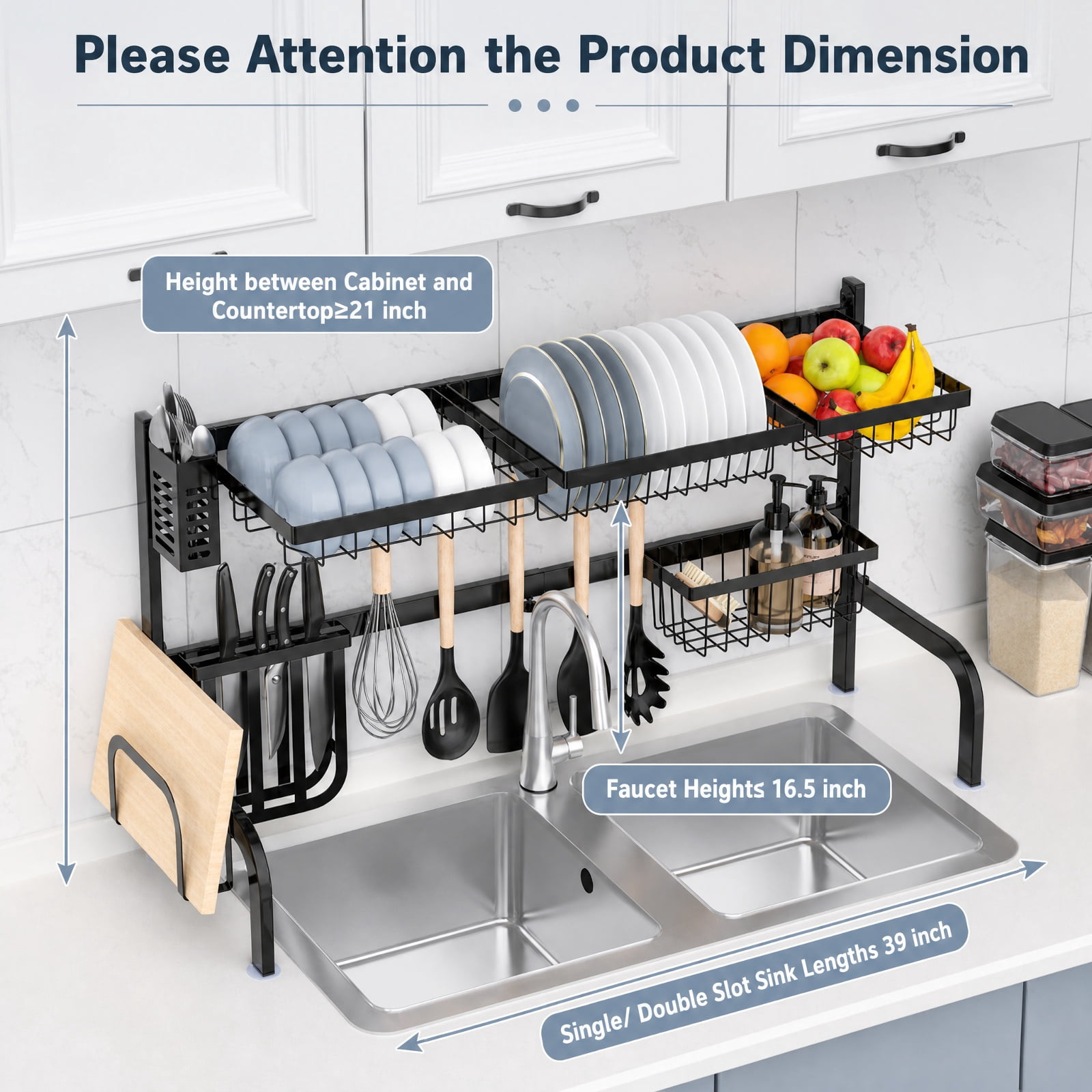RUIE 2-Tier Over Sink Dish Drying Rack, Adjustable Dish Rack with 4 Baskets, Utensil Holder, Cutting Board Holder and 8 Hooks - Black