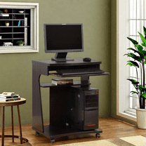 MIDOQIN Rolling Computer Desk, Wood Writing Desk Table with Keyboard Tray Home Office Desk Laptop PC Desk