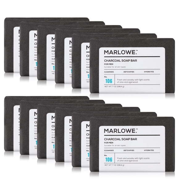 MARLOWE. No. 106 Charcoal Soap 7 oz (12 Bars) Body Bar Soap for Men, Cleansing, Purifying & Hydrating with Natural Extracts, Shea Butter, Olive Oil & Green Tea Extracts, Fresh Wood