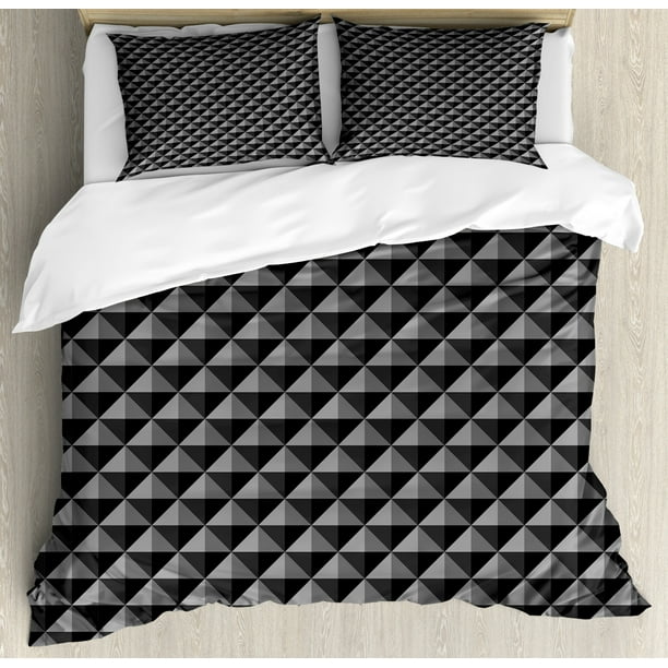 Dark Grey Duvet Cover Set, Abstract Monochromatic Pattern with Triangles Checkered Design 3D
