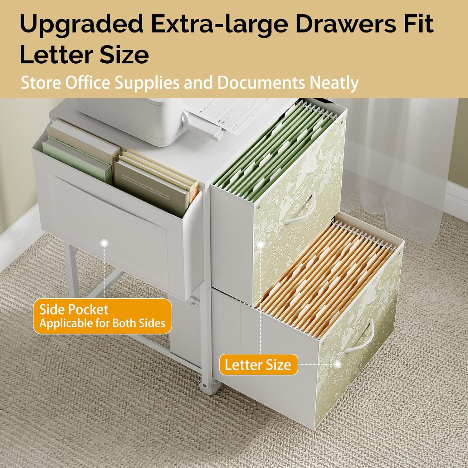 Ktaxon 2-Drawer Rolling File Cabinet with Wheels Side Bag, Fabric Drawers Printer Stand for Home Office, Fits Letter Size, White Green