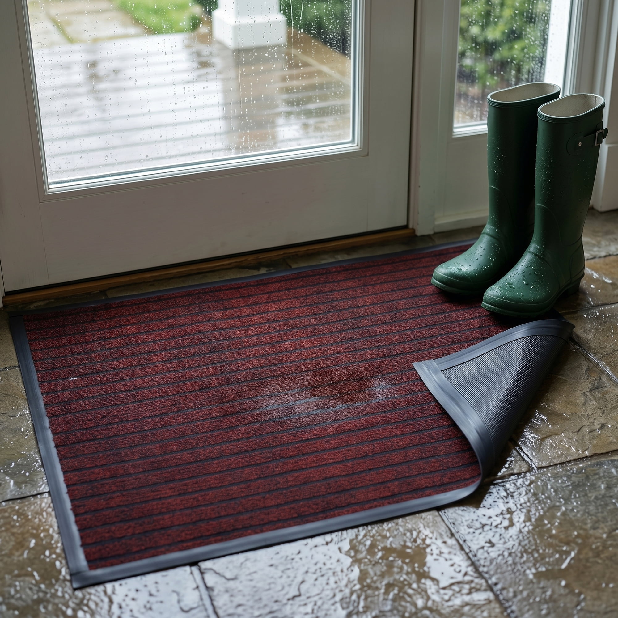 Unique Bargains Waterproof Non-Slip Ribbed Scraper Welcome Front Door Mat Red 32" x 20"
