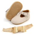 thumbnail image 3 of Soft Sole Leather Baby Shoes, Infant Baby Walking Shoes Moccasinss Rubber Sole Crib Shoes with Headband, 3 of 3