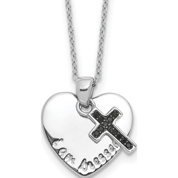 Sterling Silver Rhodium-Plated Black Spinel Cross W/Heart 18In Necklace (Width 16.1) (Length 18) - Jbsp