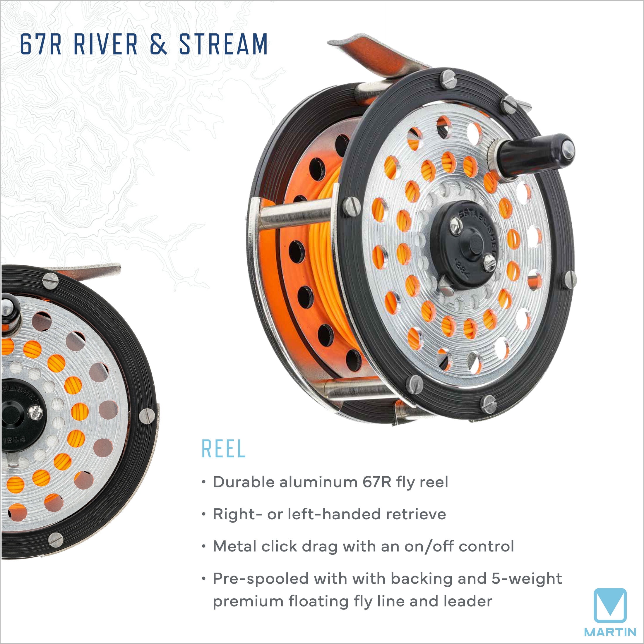 Martin 67R River and Stream Fly Fishing Rod and Reel Combo Kit, 8-Foot 6-Inch Rod, Tackle Box and Hook Removal and Cutting Tool, Brown