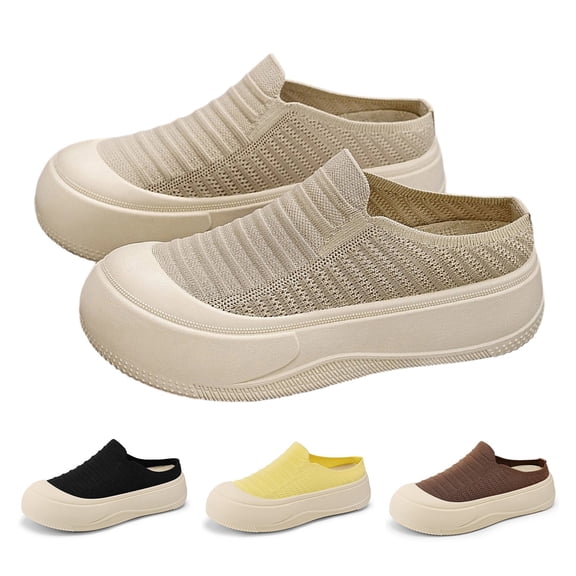 Women’s Slip on Backless Mule Sneakers Breathable Hollow Knit Upper Cushioned Thick Platform Sole Comfort Casual Footwear for Daily Wear Yellow 8.5(41)