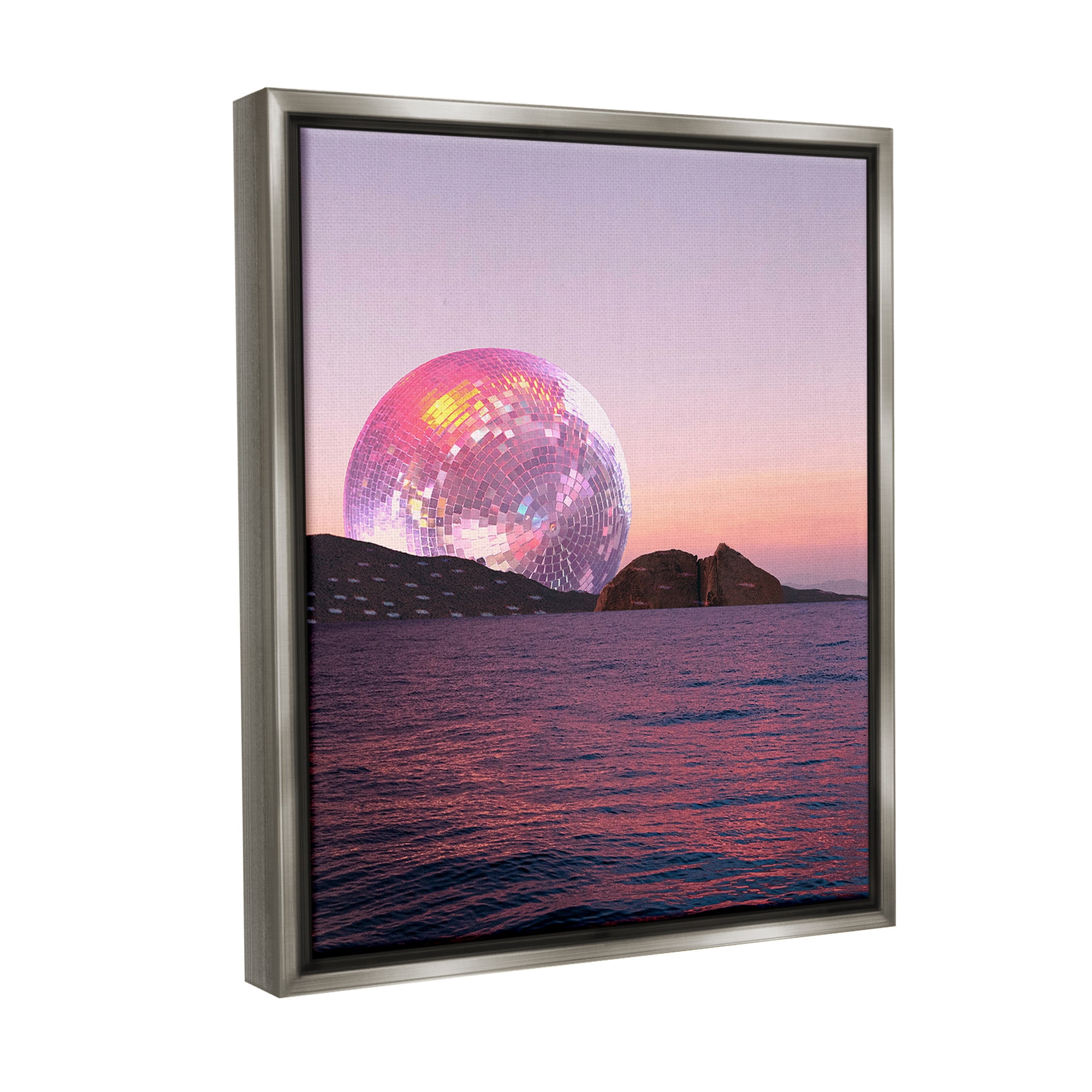 Stupell Industries Disco Ball Sunset Landscape Painting Gray Floater Framed Canvas Art Print Wall Art, 25 x 31