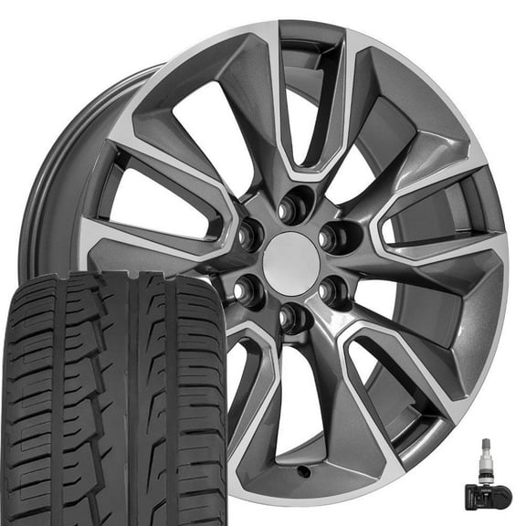OE Wheels CV32 22 Inch Rims and Tires Fit Silverado 1500 Style 6x139.7 22x9 Gloss Gunmetal Machined - Hollander 5916 - iMove Gen 2 SUV 285/45-22 (Set of 4)