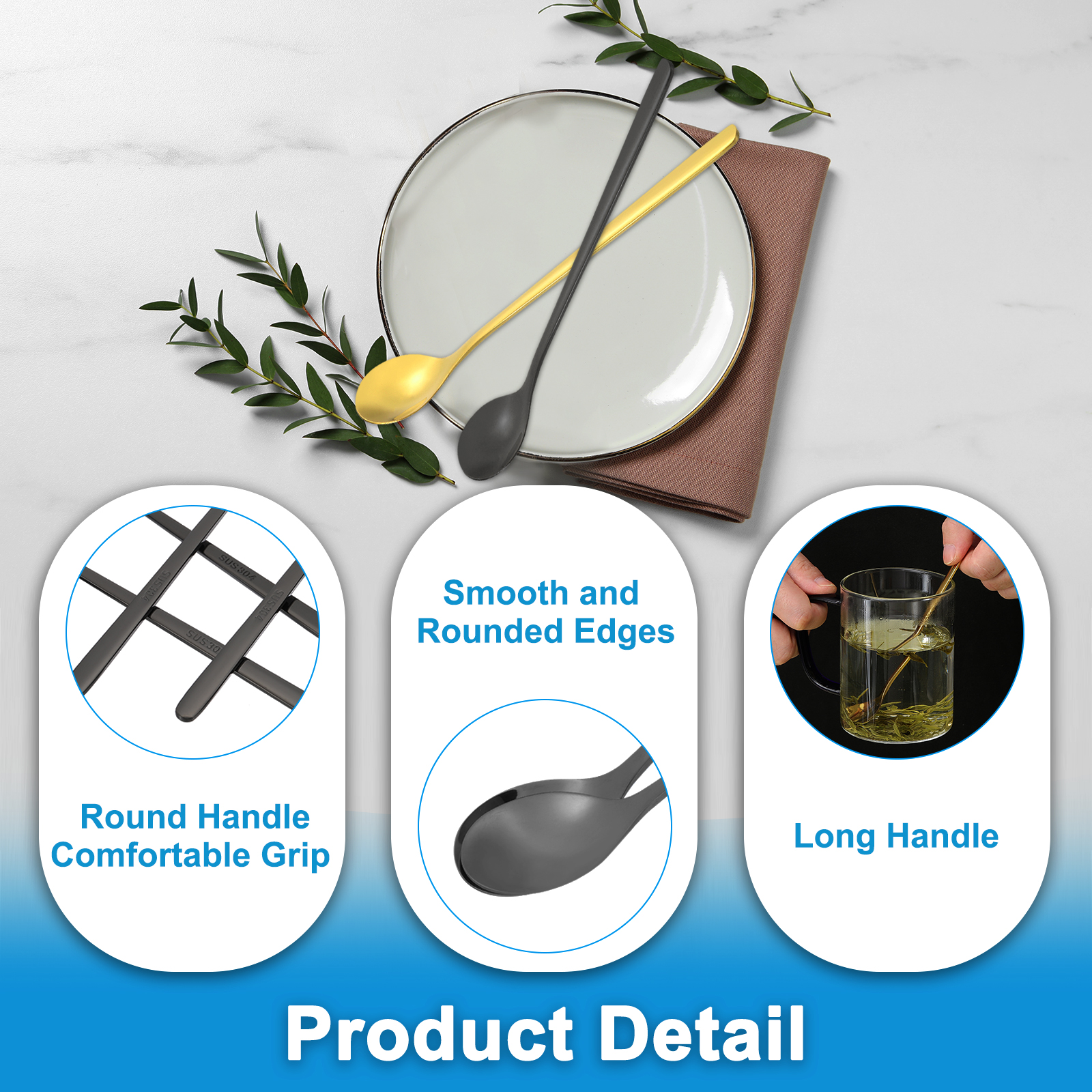 Unique Bargains 304 Stainless Steel Cocktail Stirring Long Handle Spoon for Iced Tea Black