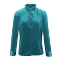 thumbnail image 4 of Honeeladyy Discount Women Velvet Solid Color Ruffle High Neck Shirts Top Lapel Collar Button Up Long Sleeve Loose Blouse Buckle Cuff Pullover, 4 of 9
