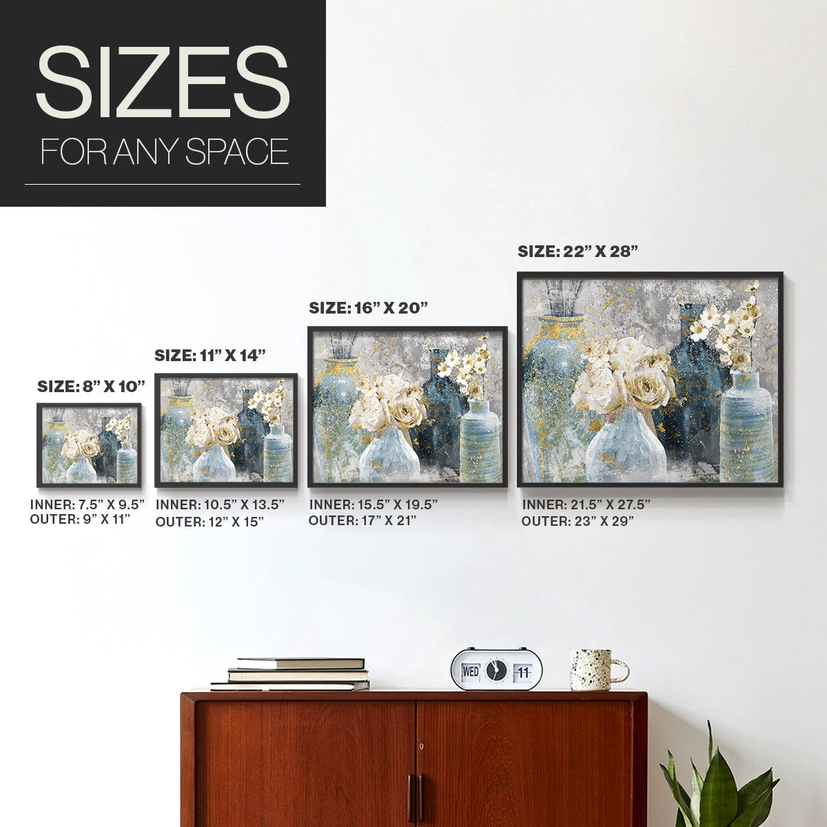 Vessels and Blooms Blues by Nan - Restickable Framed Giclée Print