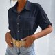 thumbnail image 2 of Camisa de negocios informal para mujer, media manga, cuello vuelto, bolsillos en el pecho con un solo pecho, Top holgado, azul purpúreo S, 2 of 6