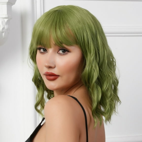 Green Short Bob Wigs with Bangs for Women Loose Wavy Wig Curly Wavy Shoulder Length Bob Synthetic Cosplay Wig for Girl