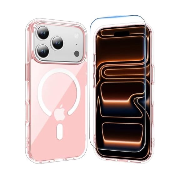 ZHU997 for iPhone 17 Pro Case Clear Pink with Screen Protector, [Compatible with Magsafe][Anti-Yellowing][Military-Grade Protection] Shockproof Slim Magnetic Phone Case 6.3 inch, Pink