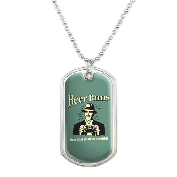 Beer Runs Does That Count as Excercise Funny Humor Retro Military Dog Tag Pendant Necklace with Chain