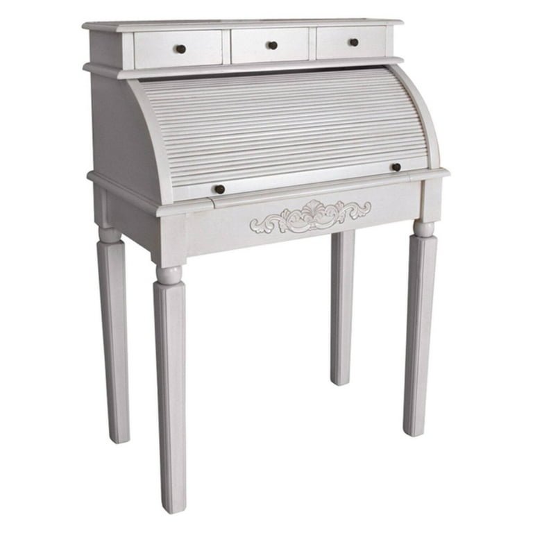 International Caravan Windsor Antique White Hand Carved 3 Drawer Roll Top Desk