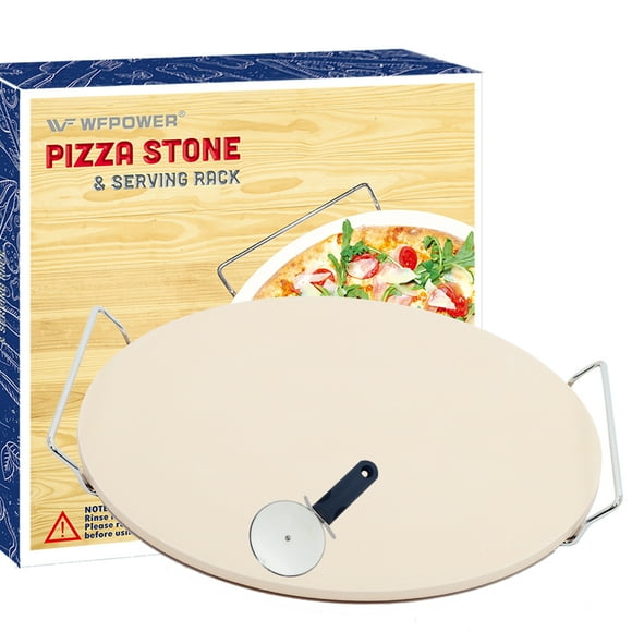 WFPOWER 13' Round Pizza Stone, Ceramic, Includes Free Pizza Cutter Wheel & Rack, Durable, Thermal Shock Resistant, 1 Count