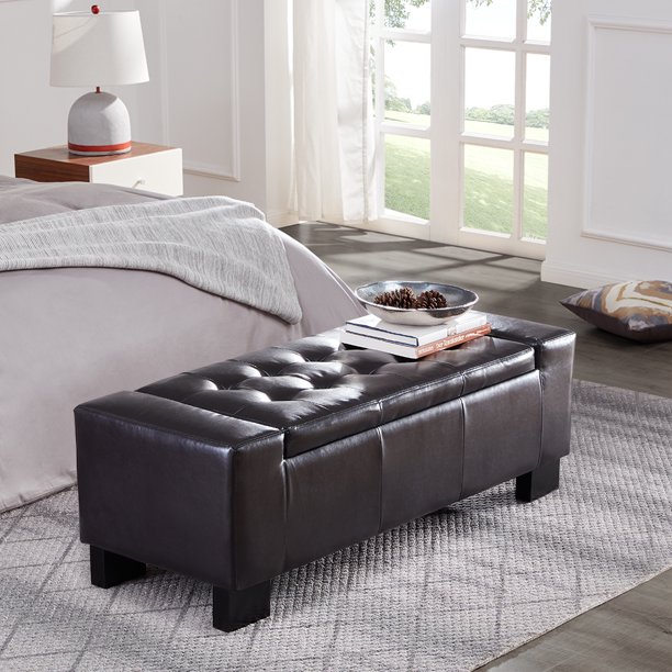 Belleze 50 Inch Storage Ottoman Bench Brown Faux Leather Rectangular Tufted Large Com Belleze 50 Inch Storage Ottoman Bench, Leather Storage Ottoman Bench Tufted