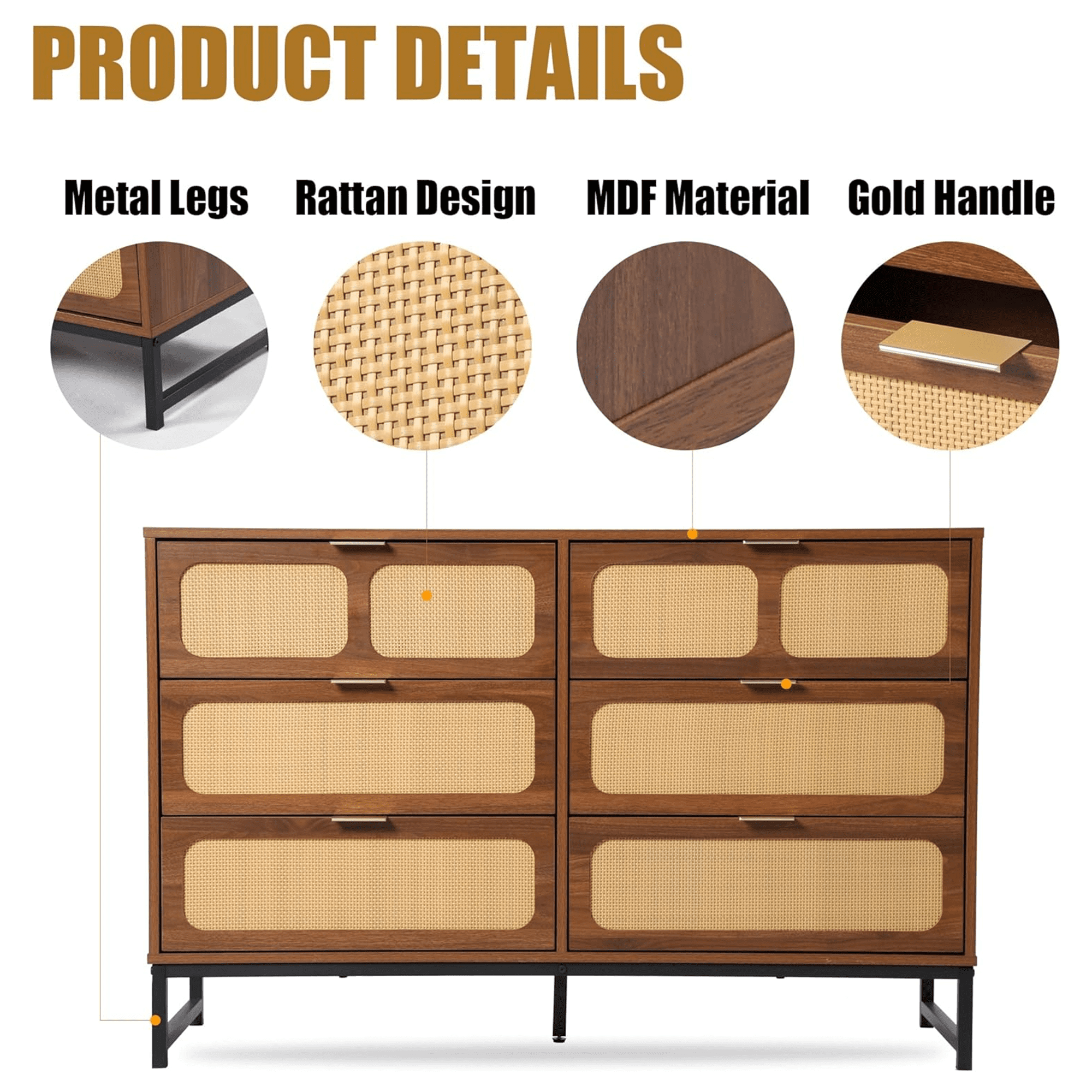 6 Drawer Double Dresser, Rattan Chest of Drawers, Wood Storage Chest for Bedroom Living Room