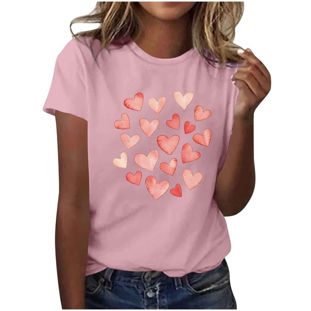 Camiseta de Manga Corta de Cuello Redondo con Patrones de Corazón de Moda de las Mujeres para Diario, Fiesta, Primavera Y Verano