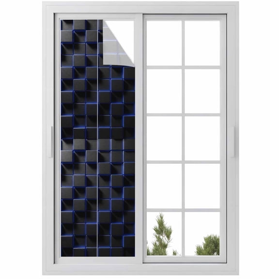 Blue Black Cubes Window Privacy Film, Modern Geometric Abstract Art Static Cling UV Sun Blocking Heat Control Window Tint Day and Night, Non-Adhesive One Way Windows Privacy Cover 17.7''x78.7''