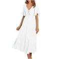 thumbnail image 2 of Munlar Womens White Sundress A-line V Neck Flowy Short Sleeve Midi Dress Ruffle Summer Dress for Women, 2 of 9