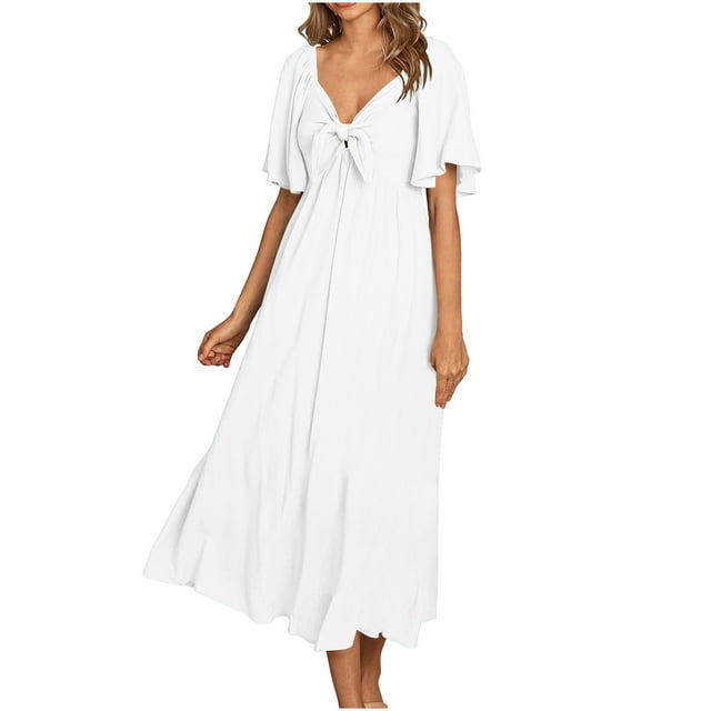 Bowake Robes d'Été pour Femmes 2024 Col en V Nœud devant Manches Courtes Robe Longue Fluide Ample Bohème Plage