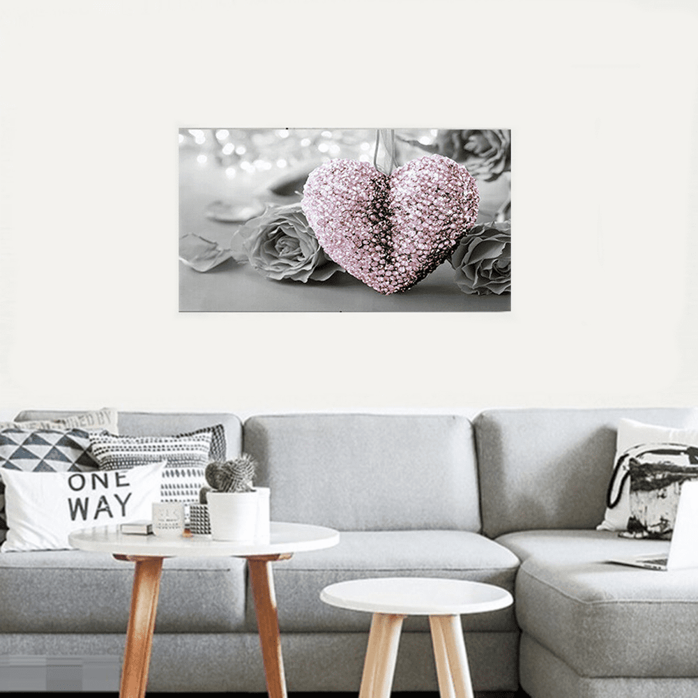 Art Canvas Print Wall Hanging Picture Decor, Pink Heart And Grey Flower