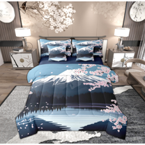 Feelyou Tokyo Mount Fuji Twin Bedding Sets 7-Piece for Adult, Pink Cherry Blossoms Bedding Comforter Set, Japanese Style Reversible Sheet Sets, Luxury Bedroom Decor