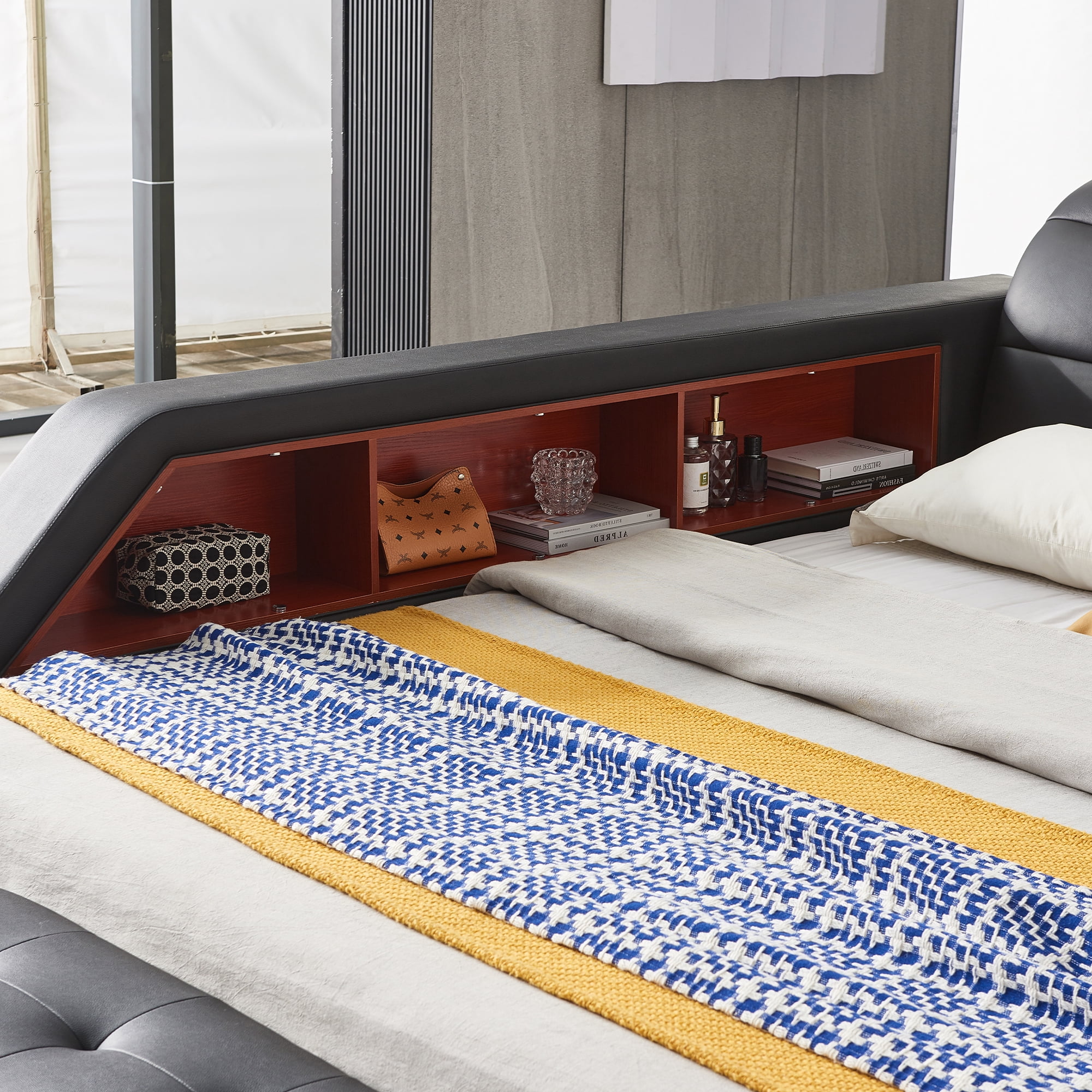 Smart King Bed Frame, Multifunction Upholstered Storage Bed with Right-Side Massage Recliner, Bluetooth Speaker, USB Charging Port, Leather Adjustable Headboard