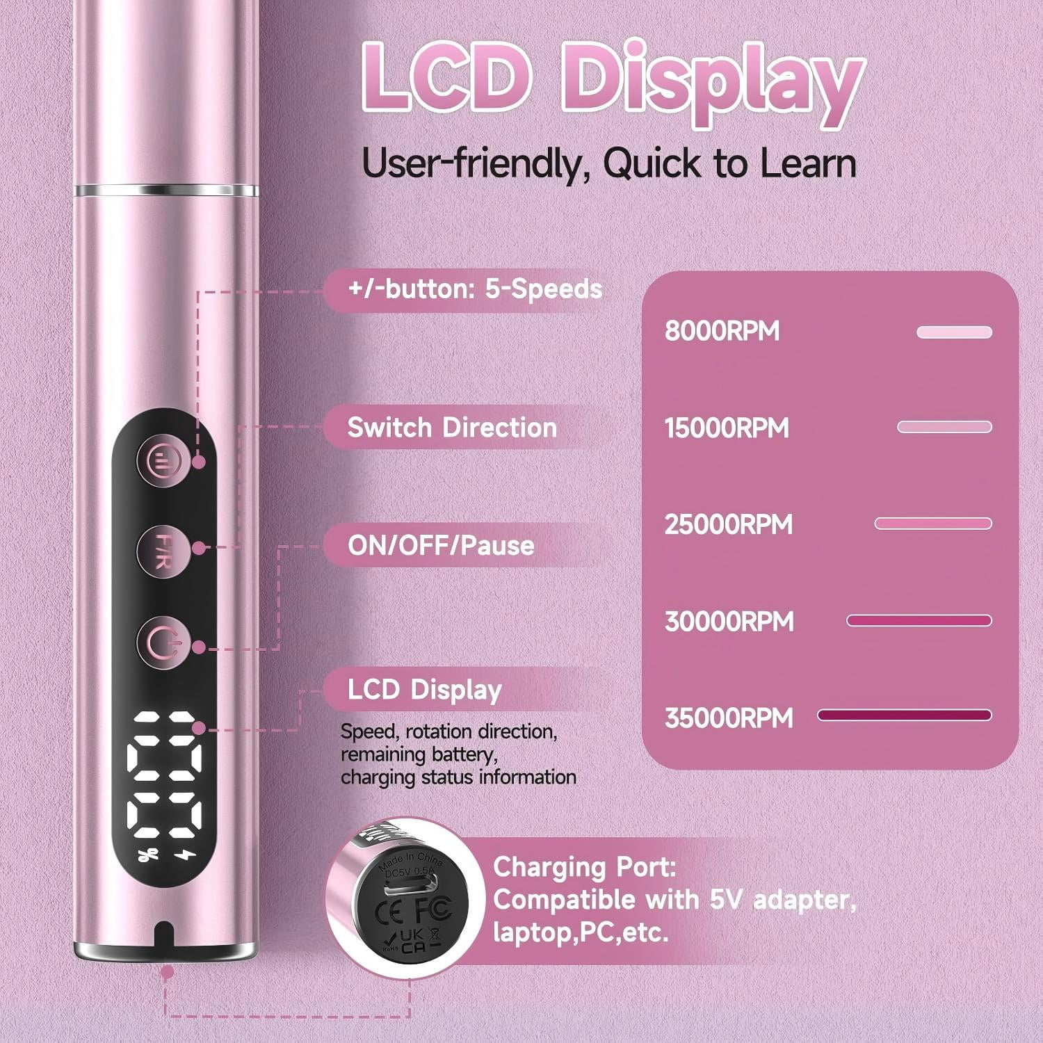 Cordless Electric Nail Drill, 35,000 RPM Rechargeable Nail Drill Machine with 12 Nail Drill Bits, Portable Electric Nail File with LCD Display for Acrylic and Gel Nails, Manicure & Pedicure, Pink