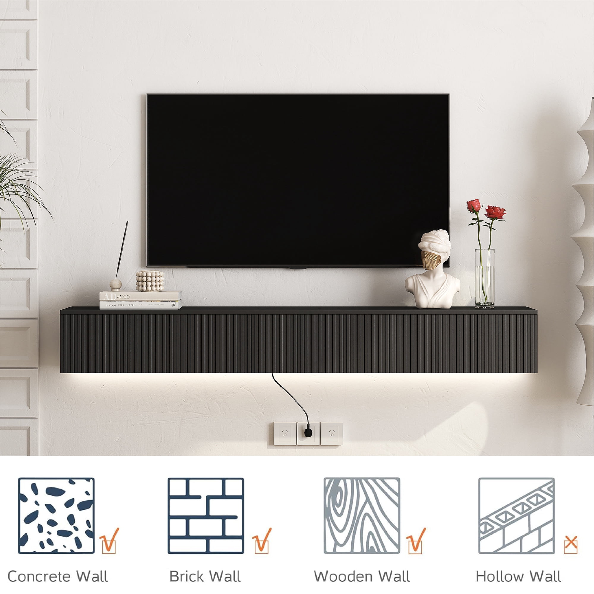 69" Floating Wall Mounted TV Stand with 16-Color LED Lights, Modern Entertainment Center for 55/60/65 Inch TVs, Black