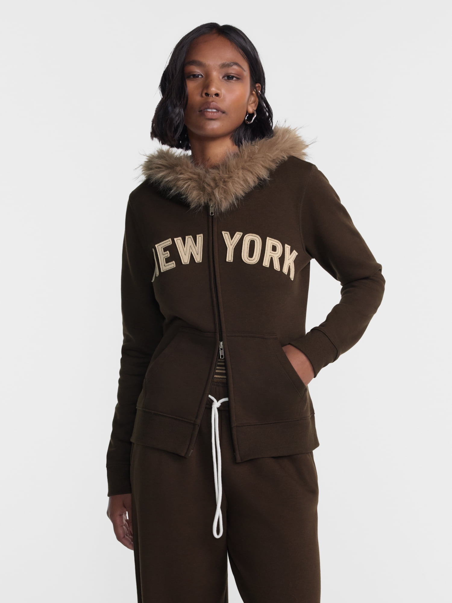 No Boundaries Zip Up Hoodie with Faux Fur Trim, Women’s XXS-XXL