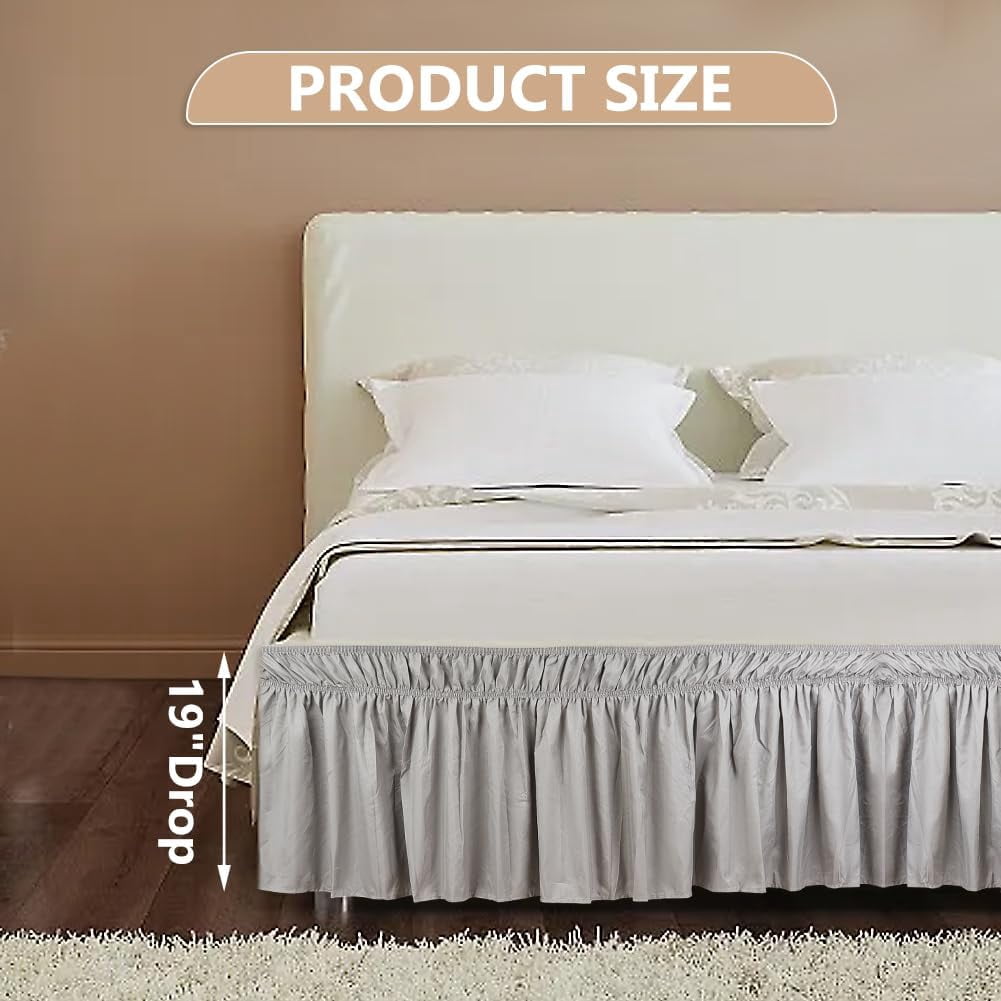 1 pc Wrap Around Bed Skirts for Queen Beds 19" Drop Bedding Queen Elastic Bed Ruffle Adjustable Easy Fit Wrinkle & Fade Resistant Machine Washable for Queen King C-King Size Beds Silver Grey