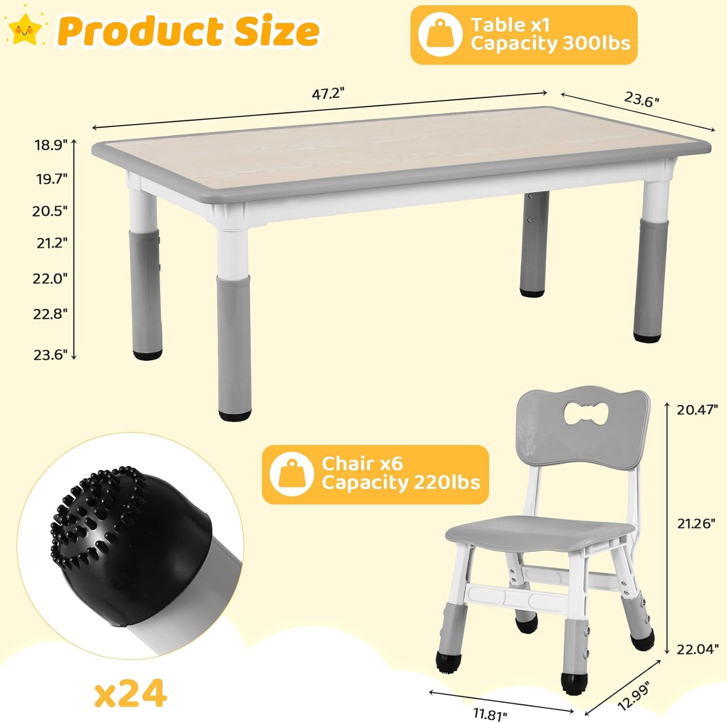 Pirecart Kids Table and 6 Chairs Set Height Adjustable Kids Craft and Play Table for Ages 2-10, Gray