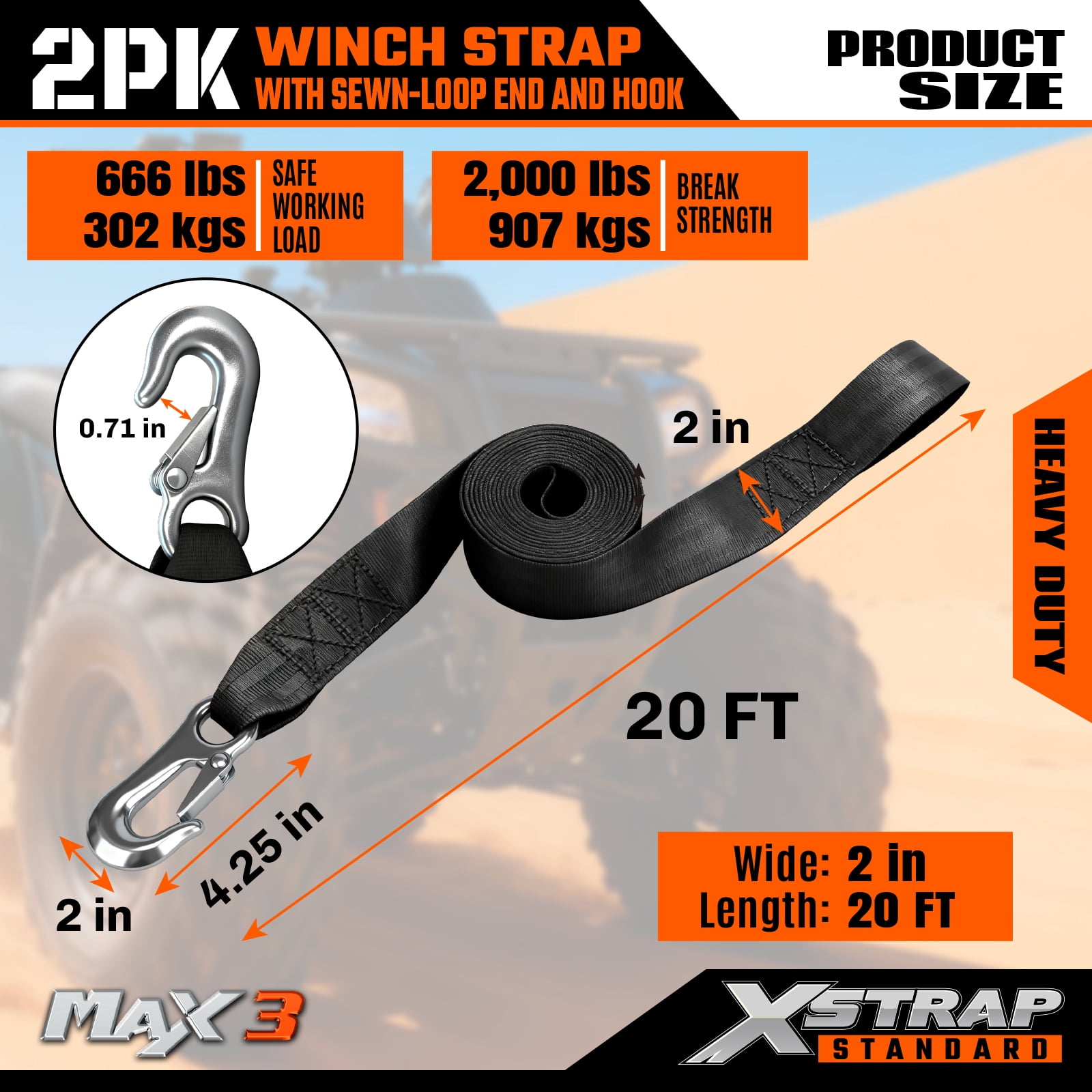 XSTRAP 2 pk 2" x 20' Boat Winch Strap with Hook