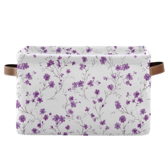 1-Pack Square Closet Organizers with Handles Open Basket Bins Purple Wildflower Pattern Storage Basket for Home Office