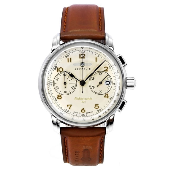 Zeppelin Mediterranee Chronograph Leather Strap Beige Dial Quartz 96705 Men's Watch