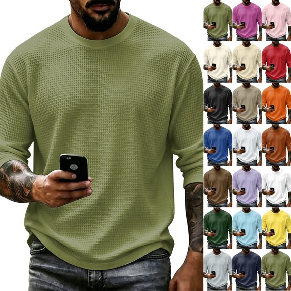 Waffle Shirts for Men Winter Casual Long Sleeve Lightweight Sweatshirt Fashion Athletic Tops Army Green 3XL
