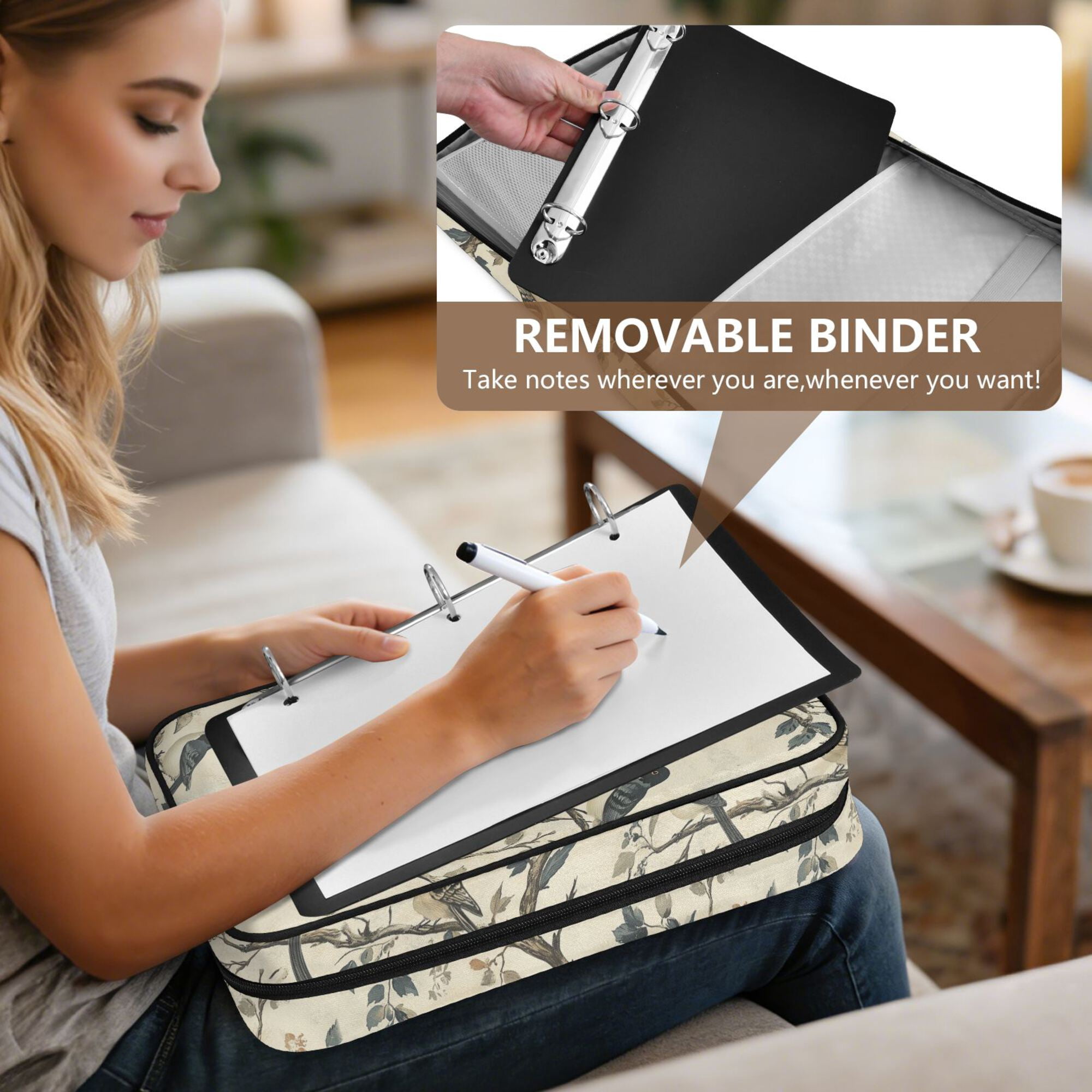 FORMRS Accordion File Folder A4 Size 7-Pocket Expanding Document Organizer Bag with 3 Ring Binder, Beige Birds