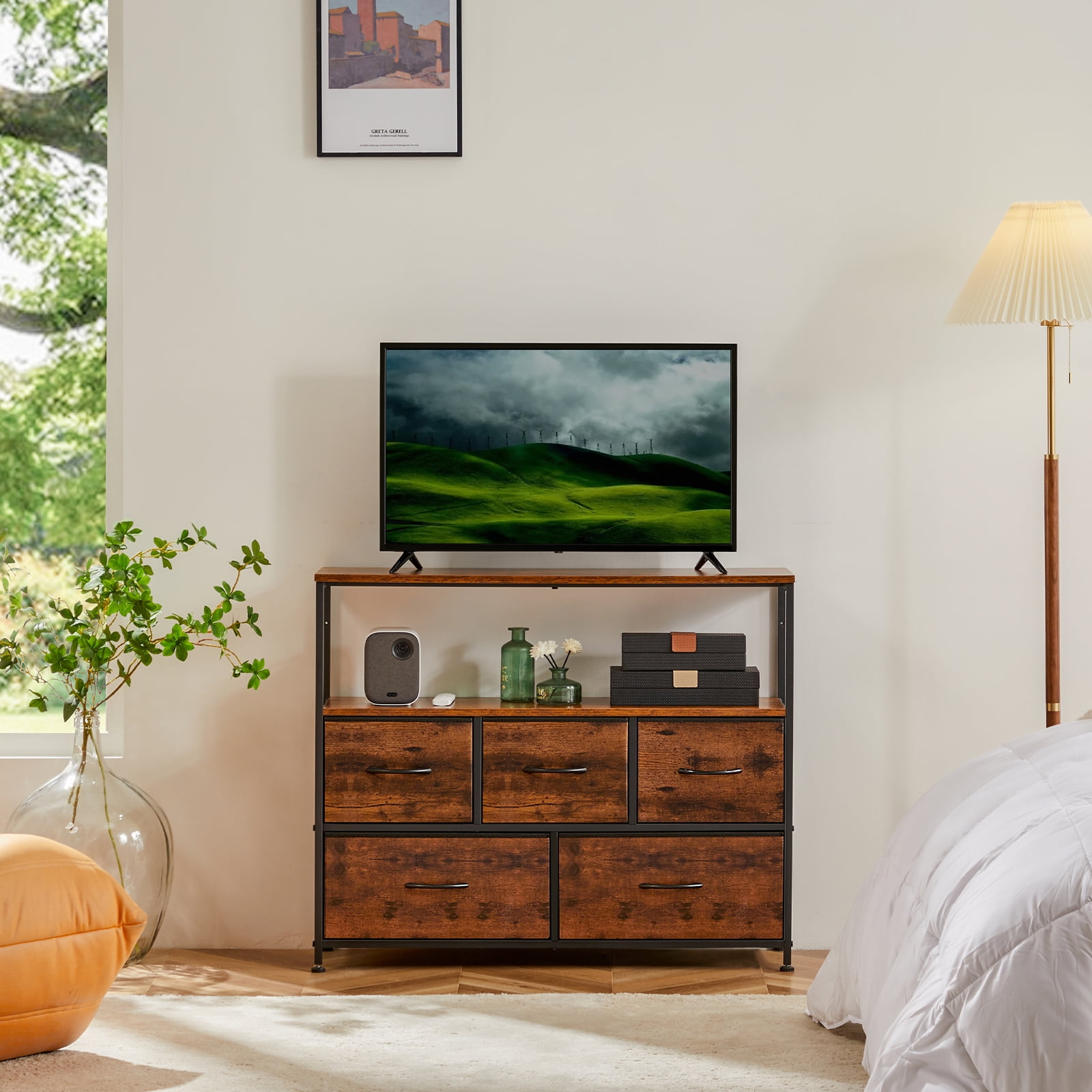 CONCETTA TV Stand Dresser with 5 Fabric Drawers and Open Shelving, Multi-functional Storage Unit Fits TV up to 45 inches for Bedroom Living Room Hallway, Rust